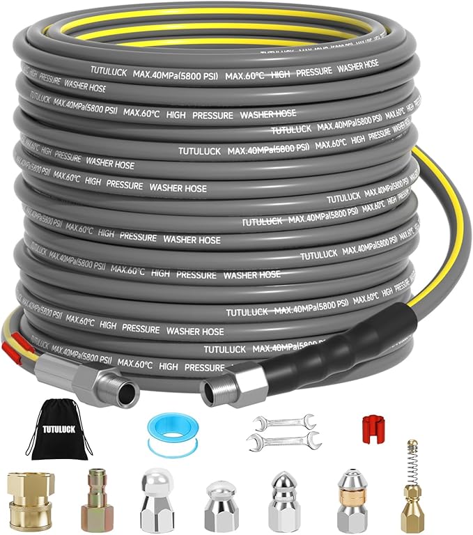 Sewer Jetter Kit for Pressure Washer 150FT, Drain Cleaner Hose 5800PSI 1/4 Inch NPT Corner with Sewer Cleaning Tool High Pressure Nozzle and Spanner Waterproof Tape