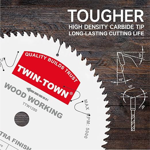 TWIN-TOWN 12-Inch 80-Tooth ATB Fine Finish Wood Cutting Circular Saw Blade, 1 Inch Arbor, Compatible with Table and Miter Saws, Premium Quality Woodworking Saw Blade