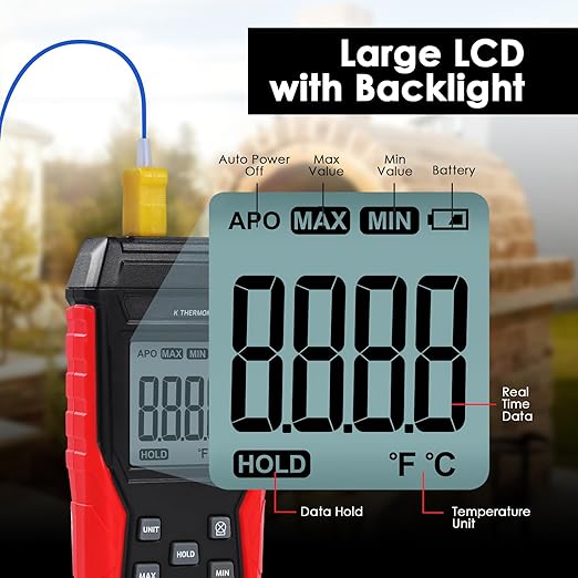 Thermocouple Thermometer Digital K Type Thermometer, Single Channel Thermocouple Tester(-328~2501℉) with 1 Temperature Clamp and 1 Wired Thermocouple Probes LCD Display Temperature Tester for K Type