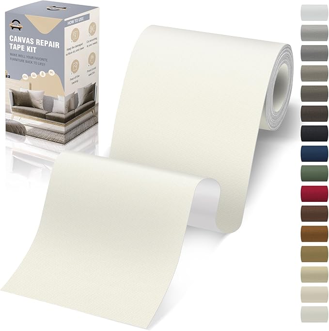 OAZ 4 x 79 inch Canvas Repair Patches Canvas Fabric Patch Self-Adhesive Canvas Repair Tape Waterproof Outdoor Gear Repair Patch Kit for Boat Cover Awning Sofa Chair Couch Tent Bag (Ivory White)