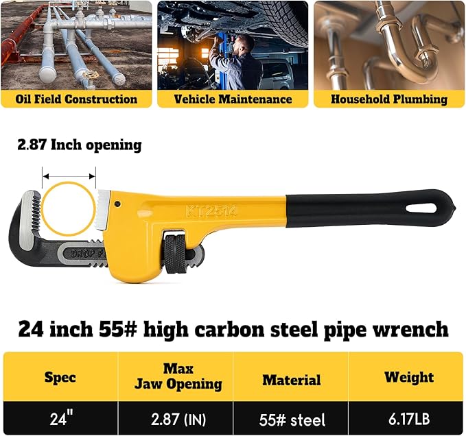 24 Inch Adjustable Heavy Duty Pipe Wrench, High Carbon Steel with Precision Worm Gear and Serrated Jaws, for Industrial Pipe Installation & Repair