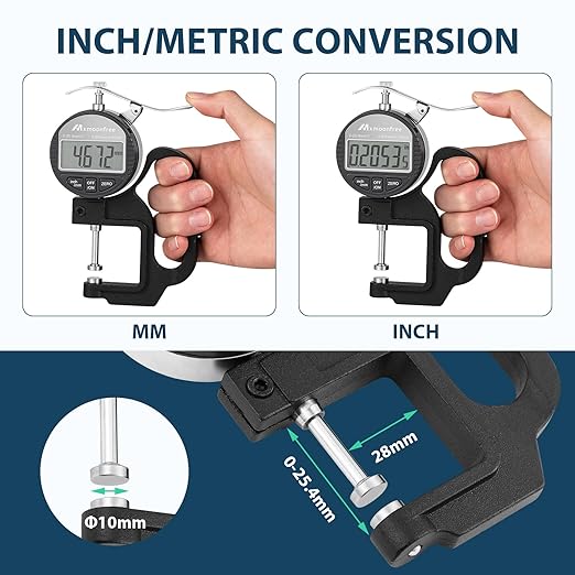 Digital Thickness Gauge 0.001mm/0.00005" | 0-25.4mm/1.0" Electronic Micrometer Thickness Meter with LCD Display, Unit Conversion, Storage Case, Extra Battery