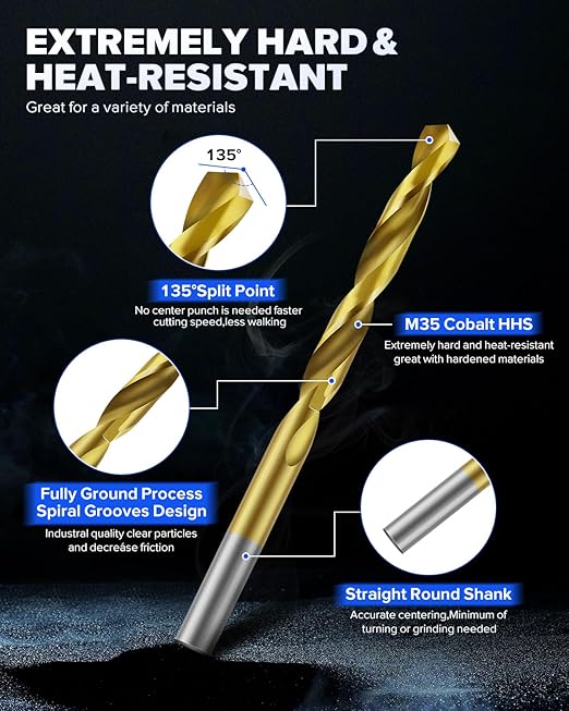 99pcs Titanium Coated Drill Bit Set - 135° Tip HSS Bits Kit with Storage Case, 1/16" to 3/8", for Aluminum, Copper, Soft Alloy Steel, Wood, Plastic