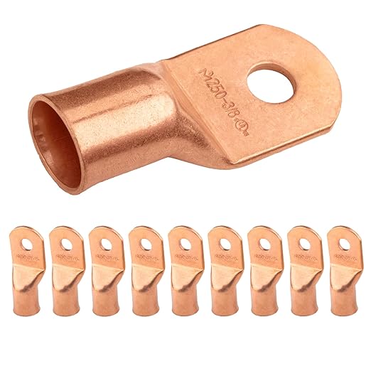 SELTERM 10pcs 250 MCM - 3/8" Stud - Battery Lugs, Heavy Duty Wire Lugs, Ring Terminals, Battery Cable Ends,250 kcmil Terminals, UL Bare Copper Eyelets Electrical Battery Terminal Connectors