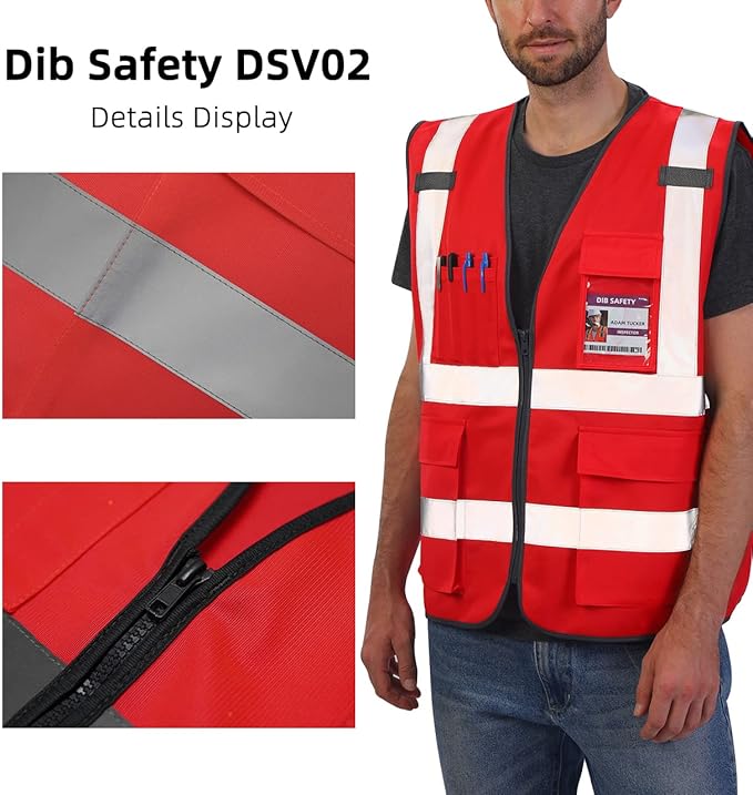 Dib Safety Reflective Vest High Visibility with Pockets and Zipper, Red L