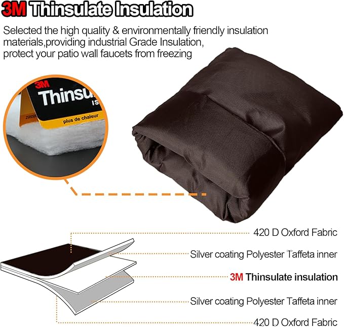 Enlarge Outdoor Faucet Cover for Winter Freeze Protection, 3M Thinsulate, 10"H x 6.3"W Hose Bib Covers for Wall Taps Outside, Waterproof & Frost Free Insulated Spigot Cover, 2 Pcs Faucet Socks - Brown
