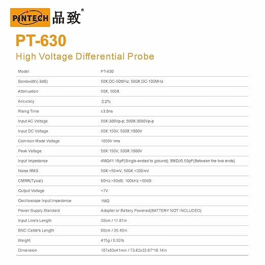 PINTECH Oscilloscope Probe 3000V, 100MHz High Voltage Differential Probe kit 3.5ns Rise Time 50X/500X Attenuation Rate, PT-630
