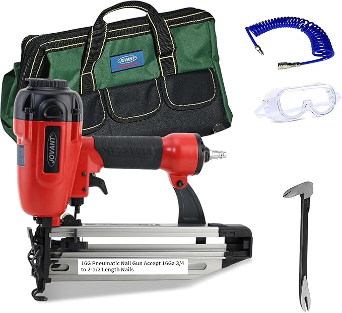 Pnumatic Finish Nailer,16Gauge nail Gun Acepts 3/4 Inch up to 2-1/2 Inch finish Nails.Brad Nailer Gun Can Hit Hardwood Ideal for Upholstery (Include 6m Air tube,1*Nail puller & Portable Bag)