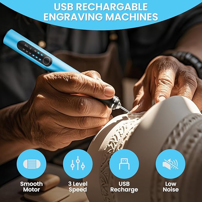 Electric Engraving Pen with 37 Bits, USB Rechargeable Cordless Etching Engraving Tool, Portable DIY Rotary Engraver for Jewelry Wood Glass Stone Carving (Blue)