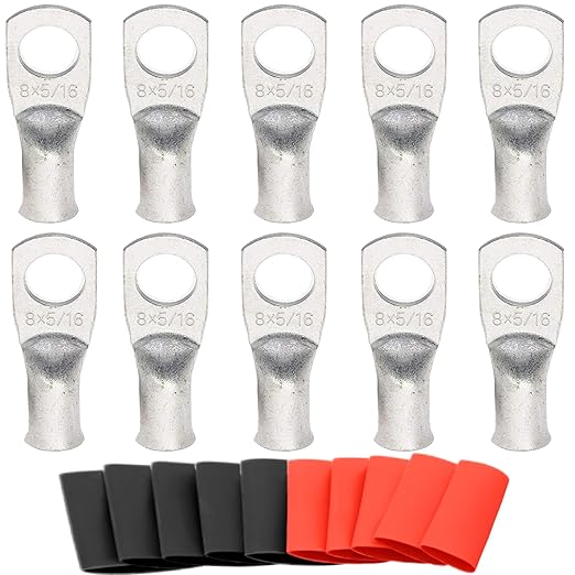 SVAAR 10pcs 8 AWG - 3/8''(M10) Battery Cable Lugs Tinned Copper Wire Lugs UL Listed 8 Gauge Ring Terminals Battery Cable Ends Heavy Duty Closed End Crimp Lugs with 10pcs 3:1 Heat Shrink Tubings