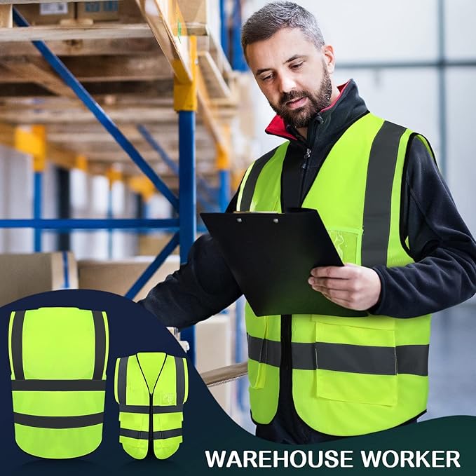 15 Pack Reflective Safety Vests with Pockets and Zipper Construction Work High Visibility Vest for Men Women(Medium,Fluorescent Green)