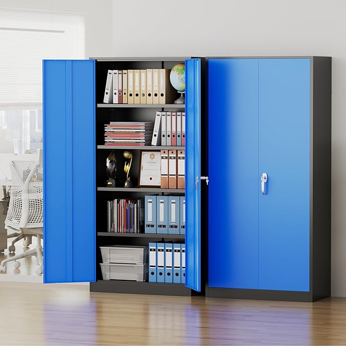 Pataku Metal Storage Cabinet, 71" Garage Cabinet with Doors and Shelves Lockable Steel Multifunctional Cabinets, File Cabinets for Home, Office, Garage, Warehouse(Dark Blue)
