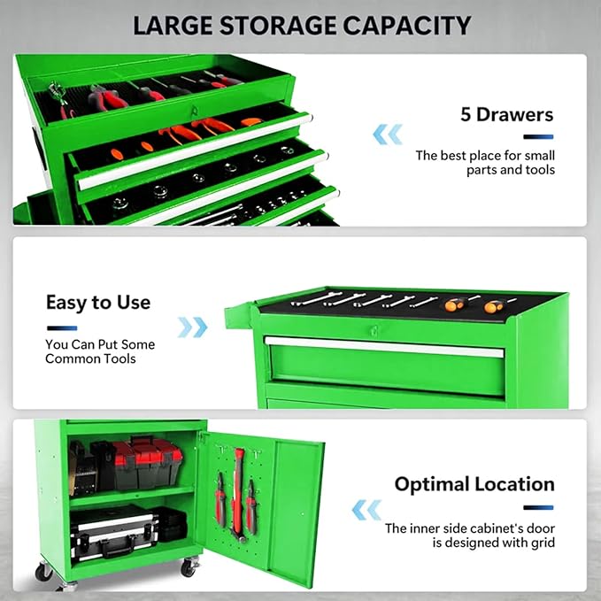 Rolling Tool Chest - 5 Drawers Tool Box Organizer with Lockable Wheels, Sliding Drawers, Detachable Top Tool Box - Tool Storage Cabinet for Garage Workshop, Green