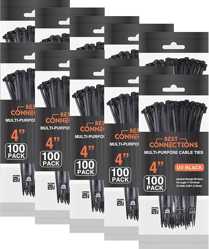 BEST CONNECTIONS Black Cable Ties – 1,500 Pieces Cable Zip Ties 4 Inch - Strong Nylon Wire Ties with 18 Lbs Tensile Strength – Cable Management Ties for Outdoor & Indoor