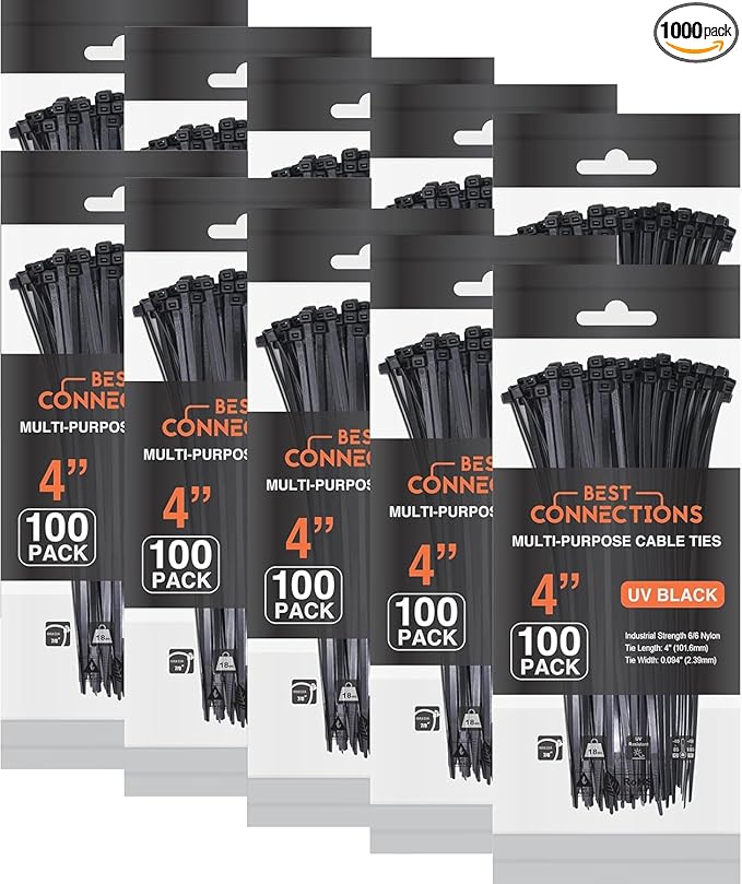 BEST CONNECTIONS Black Cable Ties – 1,000 Pack Cable Zip Ties 4 Inch - Strong Nylon Wire Ties with 18 Lbs Tensile Strength – Cable Management Ties for Outdoor & Indoor