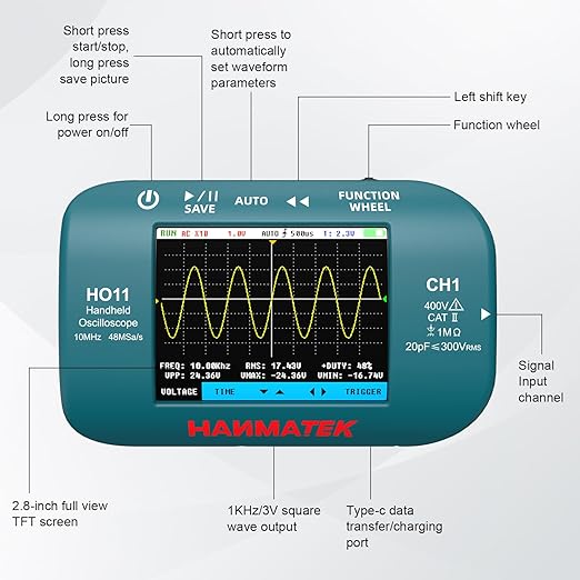 HANMATEK HO11 Handheld Digital Oscilloscope - 10MHz Bandwidth, 48MSa/s High-Precision Sampling, 2.8" TFT Display, USB Rechargeable, Advanced Trigger System, Portable for Fieldwork