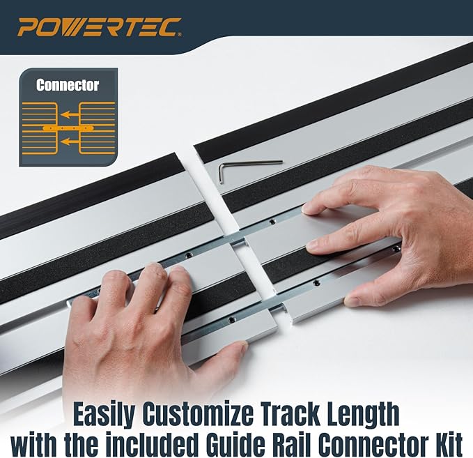 POWERTEC 110" Track Saw Guide Rail Joining Set for Ridgid Track Saws, Include 2x55" Extruded Aluminum Guide Rail and 2 Rail Extension Connectors Perfect for Repeatable Rip Cuts & Crosscuts (71989)