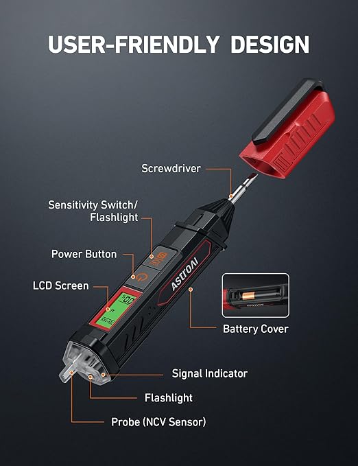 AstroAI VTS1000H Voltage Tester with Screwdriver, Non-Contact Electrical Tester, Dual Range AC 12V/70V-1000V, Live Wire Test, Wire Breakpoint Finder, Audible Alarm, LCD Percentage Display, Red