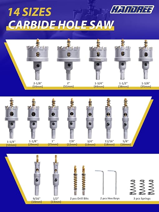 Handree 21pcs Carbide Hole Saw Kit with Case, Carbide Tipped Hole Cutter with Pilot Drill bit for Stainless Steel, Iron, Aluminum, Alloy, Plastic