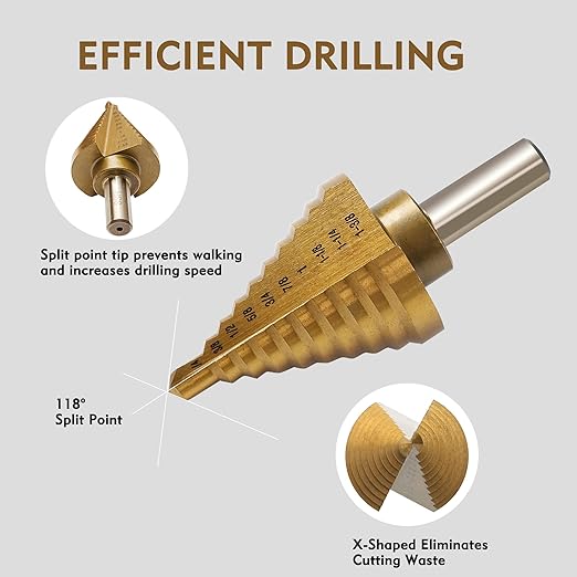 6 Pcs Step Drill Bit Set, High Speed Steel Unibit Drill Bits, Stepped Up Bits & Automatic Center Punch for Sheet Metal, DIY Lovers with Aluminum Caes, Total 50 Sizes for Multiple Hole