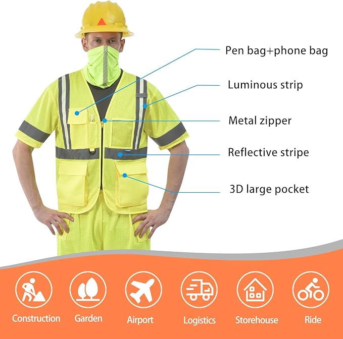 A-SAFETY High vis Reflective Mesh safety Vest ANSI Class 3,with Pockets and Zipper