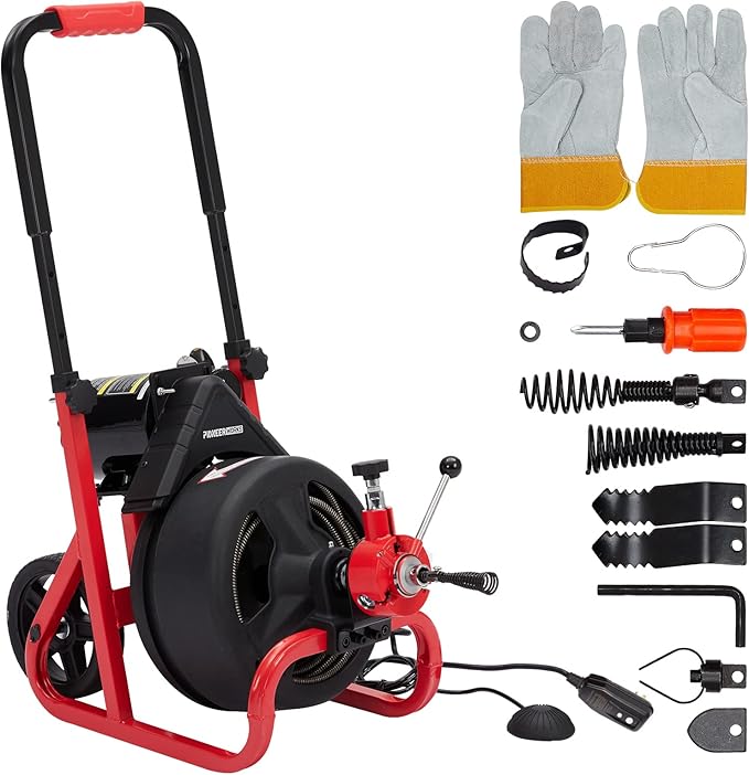 PIONEERWORKS 75Ft x 1/2 Inch Drain Cleaner Machine, Auto-feed Electric Drain Auger Professional for 2 to 4 Inch Pipes, with 6 Cutters, Glove, Drain Auger Cleaner Sewer Snake
