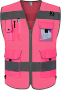 TCCFCCT Mesh Hi Vis Vest 9 Pockets High Visibility Reflective Safety Vest for Men Women, Safety Construction Vest with Reflective Strips, Meets ANSI/ISEA Standards, (Pink, Medium)