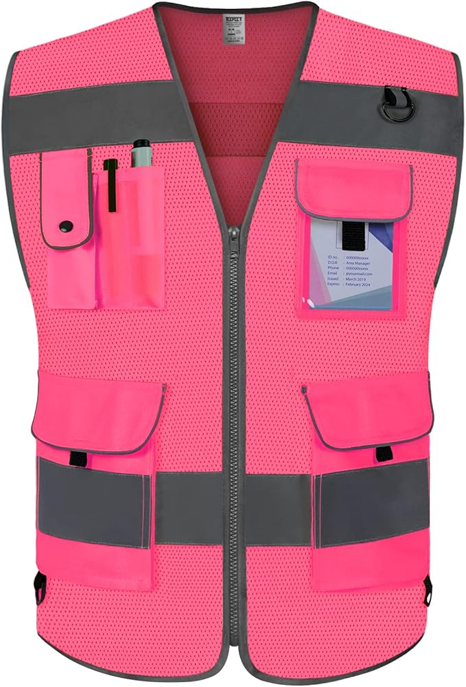 TCCFCCT Mesh Hi Vis Vest 9 Pockets High Visibility Reflective Safety Vest for Men Women, Safety Construction Vest with Reflective Strips, Meets ANSI/ISEA Standards, (Pink, Medium)