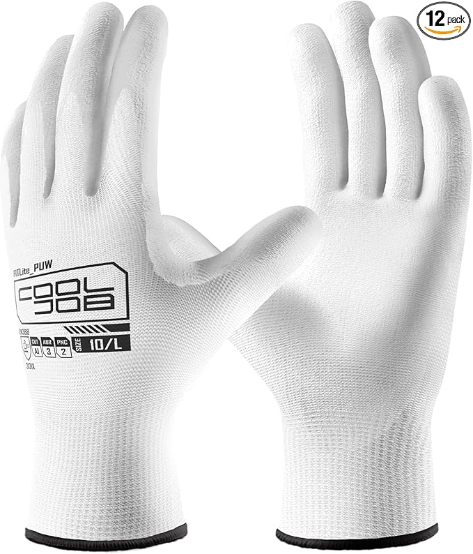 COOLJOB 12/60 Pairs Safety Work Gloves Pack Bulk with Grip PU Coating, 13 Gauge Seamless Knit Gloves with Polyurethane Dipped for Warehouse Working, Breathable Lightweight for Men Women, White Medium
