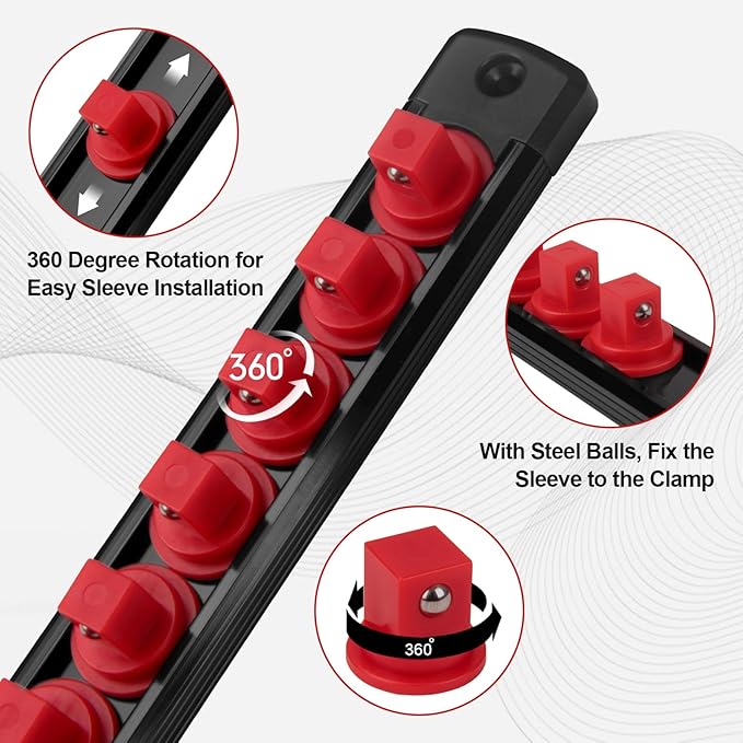 Fivepears Magnetic Socket Rails Storage Organizer, Heavy Duty Aluminum ABS Socket Holders, 360 Swivel Clips for Tool Box, 3/8 x 14, 1/2 x 12, 1/4 x 14 Clips (Red)