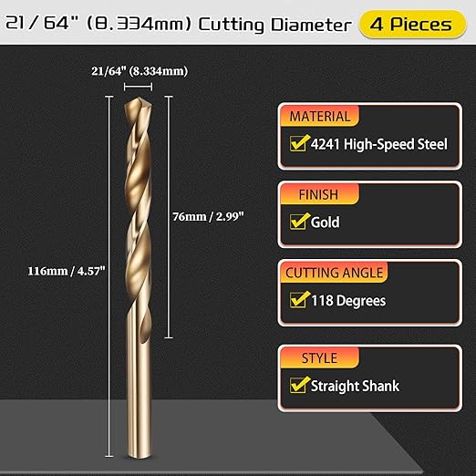 Drill Bit, 21/64" Cutting Diameter (8.334mm), 4241 HSS Gold 118° Cutting Angle Versatile Jobber Bits - (Applications: for Drilling Plastic Wood Soft Thin Metal), 4-Pieces