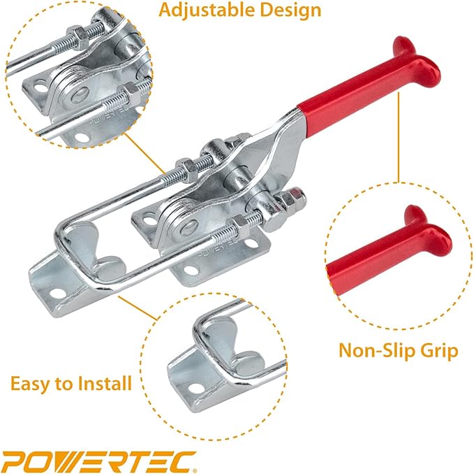 POWERTEC 2PK Toggle Clamp, 2000 lbs Holding Capacity, 40341 Adjustable U Bolt Latch w/Antislip Hand Grip for Woodworking Jigs & Fixtures, Smoker, Tire Carrier, Tool Box, Cabinet, Truck (20306-P2)