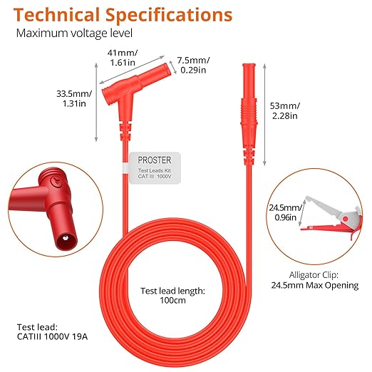 Proster Banana to Alligator Clip - Test Leads CATIII 1000V 10A with Alligator Clip, Insulated Copper Conductors Safety Cables for Multimeter, Electrical, Automotive & Home Testing