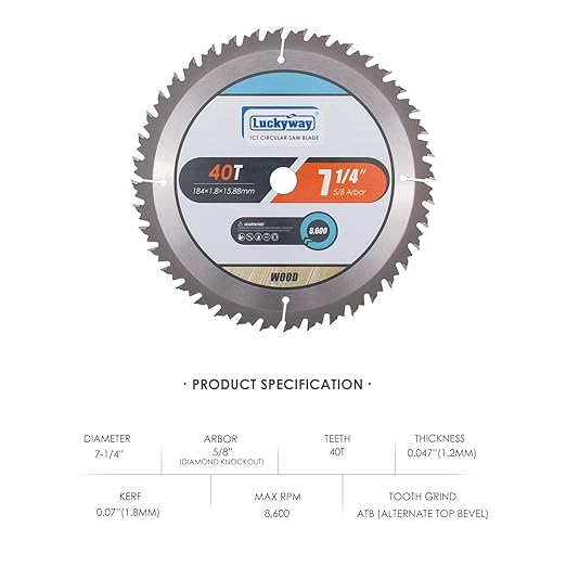 Luckyway 7-1/4 Inch 40T Crosscutting with 5/8 Inch Arbor TCT Circular Saw Blade for Cutting Wood