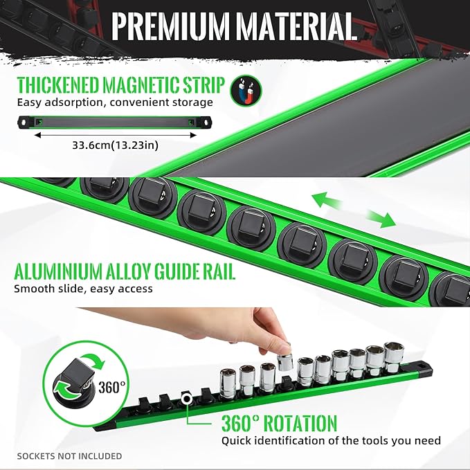 Magnetic Socket Organizer, 1-Piece Heavty Duty Aluminum Socket Holder, Socket Rail for Tool Box, Premium Quality 360° Swivel Socket Rack with 12 Clips for 1/2-Inch(Green)