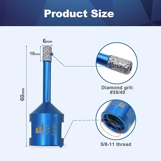 1/4 Inch Diamond Core Drill Bit for Porcelain Tile Ceramic Marble Granite Drilling,BRSCHNITT 1pc Vacuum Brazed Diamond Hole Saw with 5/8-11 Thread (6mm)