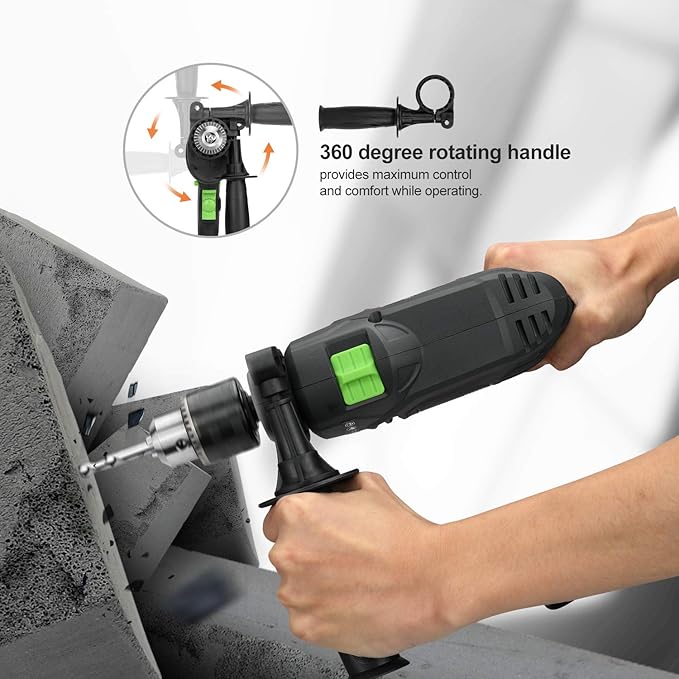 GALAX PRO 5Amp 1/2-inch Hammer Drill with 105pcs Accessories, Variable Speed 0-3000, Hammer and Drill 2 Functions in 1, 360°Rotating Handle, Depth Gauge, Carrying Case Included