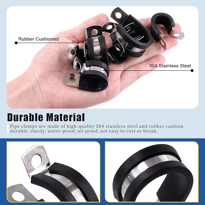 Glarks 26Pcs 1/4'' 304 Stainless Steel Cable Clamps, Rubber Cushioned Insulated Clamps Hose Clamps Loop Clamps Pipe Clamps Metal Clamps Set for Tube, Pipe or Wire Cord Installation