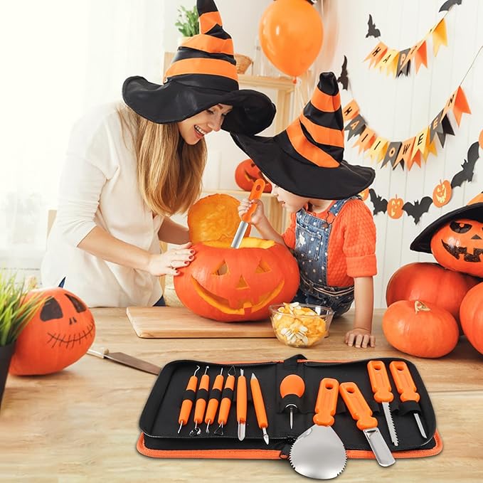 Bifrost Pumpkin Carving Kit, Halloween Pumpkin Carving Tools 22 Piece Premium Stainless Steel Tool Set with Stencils & Convenient Storage Bucket for Effortless Halloween Decorating
