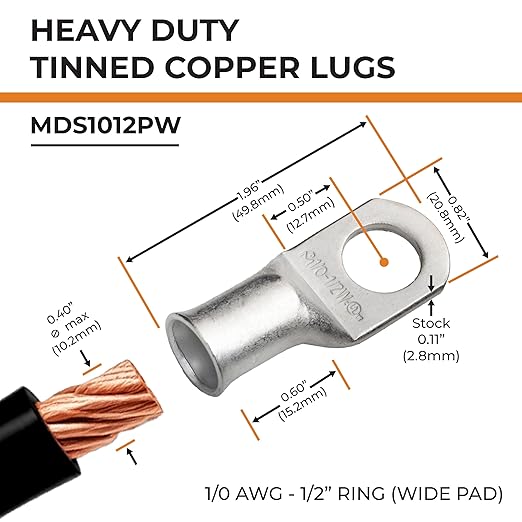 SELTERM 2pcs 1/0 AWG 1/2" Stud Tinned Copper Wire Lugs, Battery Lugs, Ring Terminals, Battery Cable Ends, 0 Gauge Ring Terminal Connectors, UL Marine Grade Electrical Battery Terminal Connectors