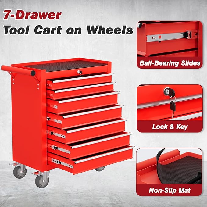Rolling Tool Chest with Drawers, 7 Drawers Tool Chests & Cabinets, Metal Toolbox with Wheels, Lockable Storage Cabinet, Garage Tool Box with Drawers (Red, 7 Drawers)