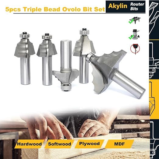 5Pcs Triple Bead Ovolo Bit Set,1/2" Shank,Radius 3.5mm, 4.5mm, 5.5mm, 6mm and 7.8mm,Decorative Edge Bits with 3 Quarter-round Rounding Over,Bearing Guided Router Bits for Wood Profiling,Molding