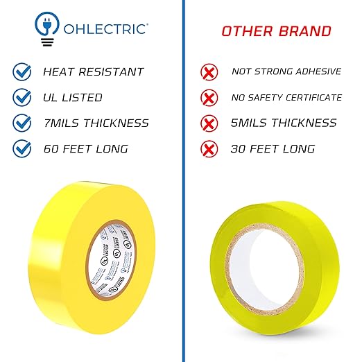 OHLECTRIC Professional Grade Vinyl Electrical Tape (1 Pack) Yellow - 7 Mil Thick Flame-Retardant, Heat & Weather Resistant 3/4 Inch x 60 Feet | Ideal for Contractors & Electricians