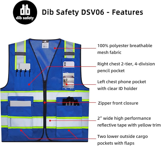 Dib Safety Reflective Mesh Vest High Visibility Two Tone with Pockets and Zipper, Blue Mesh with Yellow Trim L