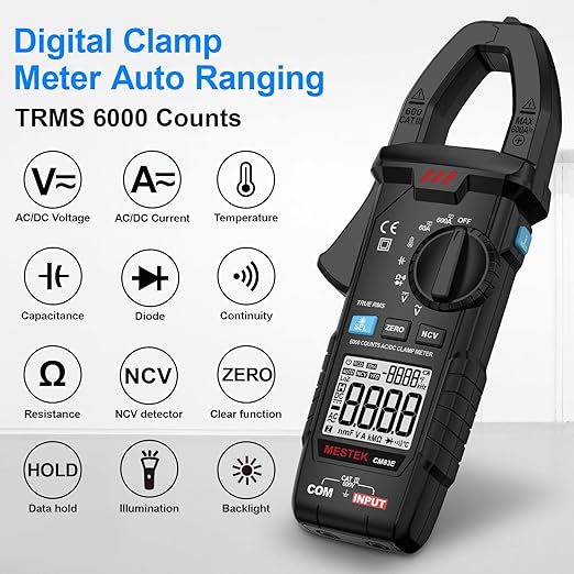 MESTEK Digital Clamp Meter Multimeter TRMS 6000 Counts Voltage Tester Amp Volt Meter, Auto-Ranging Voltmeter Measures NCV AC DC Current Voltage Resistance Capacitance Temperature Diodes Continuity