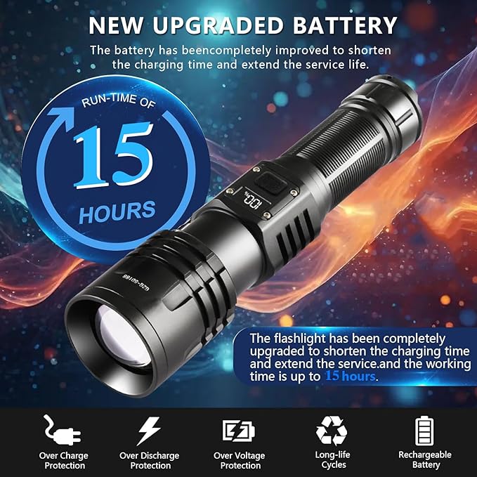 Rechargeable LED Flashlights 10000.00 High Lumens,𝟐𝟎𝟐𝟓 𝐍𝐞𝐰 High Powered Waterproof Tactical Flashlight Spotlight Flashlight for Home, Bright Flashlight Black for Outdoor Camping Emergency