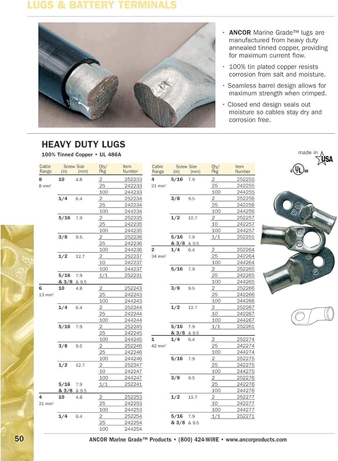 Ancor Marine Grade Tinned Copper Lugs, Sizes 8 AWG to 4/0 AWG