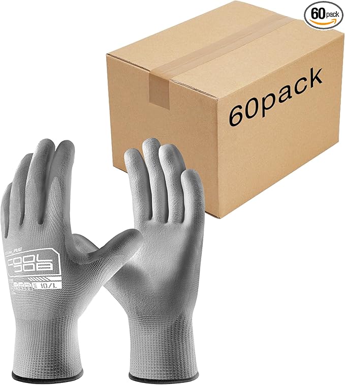 COOLJOB 60 Pairs Safety Work Gloves Pack Bulk with Grip PU Coating, 13 Gauge Seamless Knit Gloves with Polyurethane Dipped for Warehouse Working, Breathable Lightweight for Men Women, Grey Large