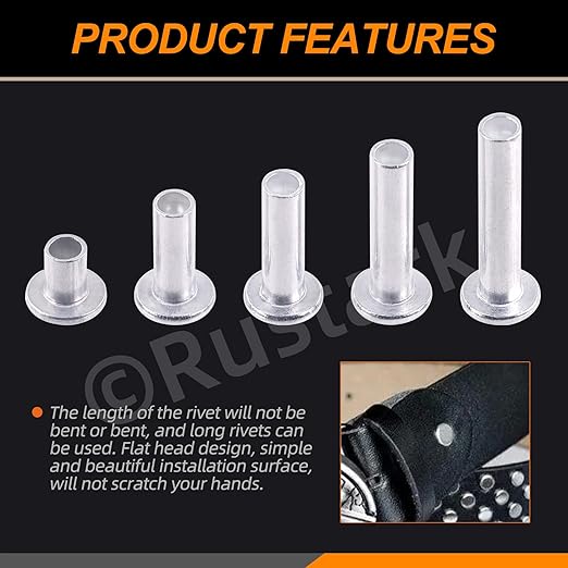 151Pcs 5 Sizes M6 Aluminum Flat Head Semi Tubular Rivets Assortment Kit with Punch, Partial Hole Tubular Rivets Round Flat Head Semi Tubular Rivet Silver Tone for Household Industry Repairing