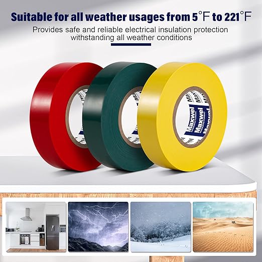 Colored Electrical Tape 3 Rolls - 3/4 In 60 Ft Multicolor Professional PVC Electric Tape Pack with Red Green Yellow Colors Flame Retardant Waterproof For All Weather Under 600V Home Outdoor Indoor Use